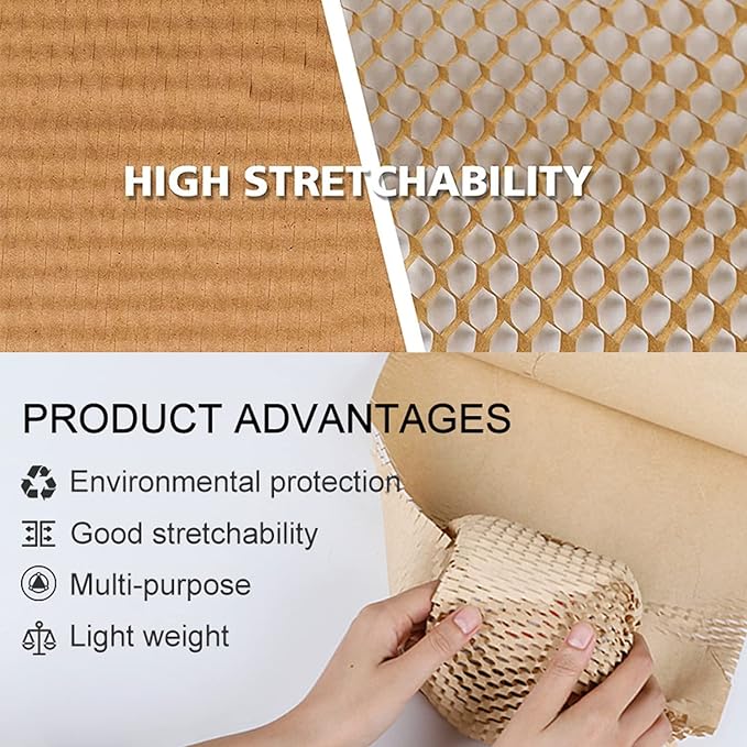 Honeycomb Packing Paper,12" W x 200' L Bubble Cushioning Wrap for Moving,Products & Gifts Wrapping Paper,Recyclable and Biodegradable Cushioning Packing Material with 20 Fragile Sticker Labels-DeskLoop Office
