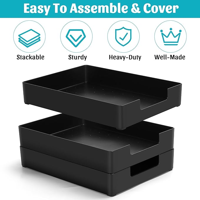 Letter-Size Tray Desk Letter Tray Paper Tray, Sturdy Heavy-Duty Plastic Printer Paper Tray, Single-Tier Stackable File Storage Organizer for Office Home (2, Black)-DeskLoop Office