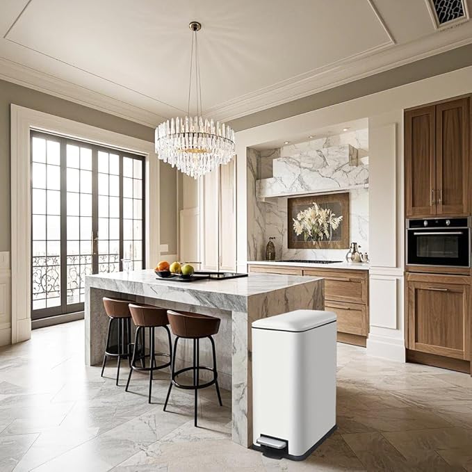 12 Gallon Slim Kitchen Trash Can, Rectangular Trash Can with Removal Inner Bucket and Soft-Close Lid, Foot Pedal, Stainless Steel Garbage Can 45 Liter, White-DeskLoop Office