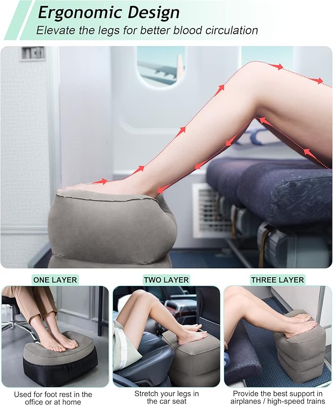 JefDiee Inflatable Travel Foot Rest Pillow,Kids Airplane Bed,Adjustable 3 Layers Height Leg Rest Pillow,Adults Travel Essentials Great for Airplane,Office,Home,Trains,Cars-DeskLoop Office