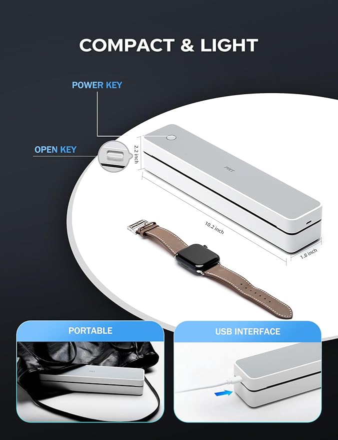 PRT Portable Printer Wireless for Travel, Inkless Bluetooth Small Mobile Thermal Printer, Support 8.5" X 11", A4, Compatible with iOS, Android, Laptop for Home Use, Office & Vehicles, 300 DPI, White-DeskLoop Office