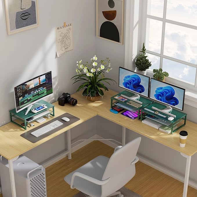 gianotter 2-Tier Metal Monitor Stand Riser, Desk Organizer for Monitor, Office Desk Storage Organizer for Office Supplies (Dark Green)-DeskLoop Office