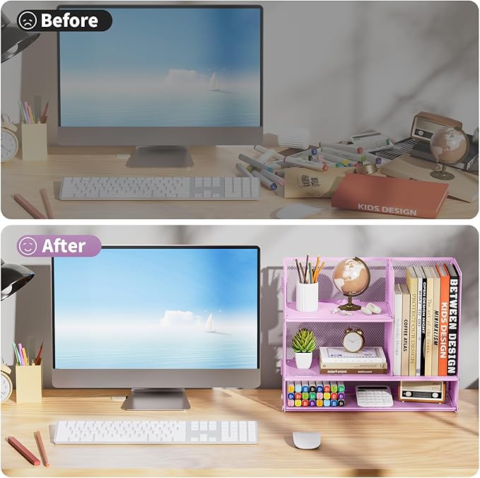 Marbrasse 3-Tier Desk Shelf Organizer with Handle, Desktop Bookshelf File Holder, Mesh Display Shelf Organizer Storage Rack for Office, Home, Supplies, Kitchen (Purple)-DeskLoop Office