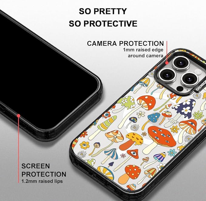 MOSNOVO Magnetic Case for iPhone 15 Pro Max, 10ft Military-Grade Protection, Compatible with Magsafe, Shockproof Phone Case for iPhone 15 Pro Max - Mushroom Art - Clear Black-DeskLoop Office