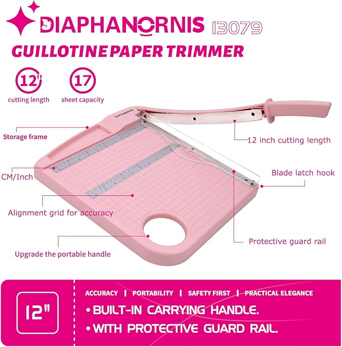 Paper Cutter Trimmer for Office&Crafts, Heavy Duty Guillotine Paper Trimmer with Portable Base Design/Safety Protection and Blade Lock, Paper Cutter 12 Sheets, Cardstock/Laminate (Pink)-DeskLoop Office