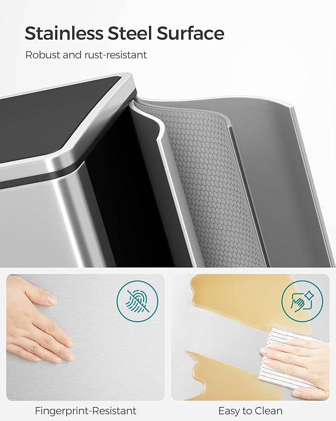 SONGMICS Trash Can, 2 x 8 Gallon (2 x 30 L) Garbage Can for Kitchen, with 15 Trash Bags, 2 Compartments, Plastic Inner Buckets and Hinged Lids, Airtight, Silver and Black ULTB60NL-DeskLoop Office