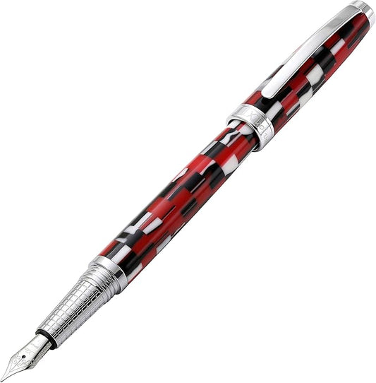 Xezo Urbanite II Fountain Pen, Fine Nib. Sporty Red, Black, and White Checkered Acrylic on Brass. Chrome Plated. Handcrafted, Limited Edition, Serialized-DeskLoop Office
