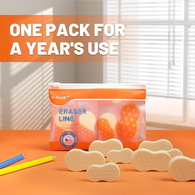 Yplus Eraser Line - Hipolymer Pencil Erasers for School Office, Cute White Rubber Eraser for Kids, Artist No Residues, 6 Pcs Stocking Stuffers for Kids Toddler-DeskLoop Office