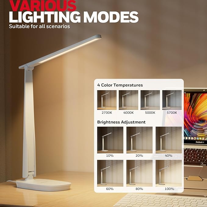 HONEYWELL LED Desk Lamp - HWT-H2 Sunturalux™ Eye-Caring Foldable Desk Light with USB A+C Dual Charging Port 4 Color Modes Dimmable Table Lamp for Home Office Bedroom Reading Study Work - White-DeskLoop Office