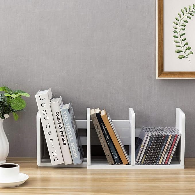 MyGift White Wood Desktop Bookshelf Organizer, Expandable Adjustable Display Shelf Book Rack-DeskLoop Office
