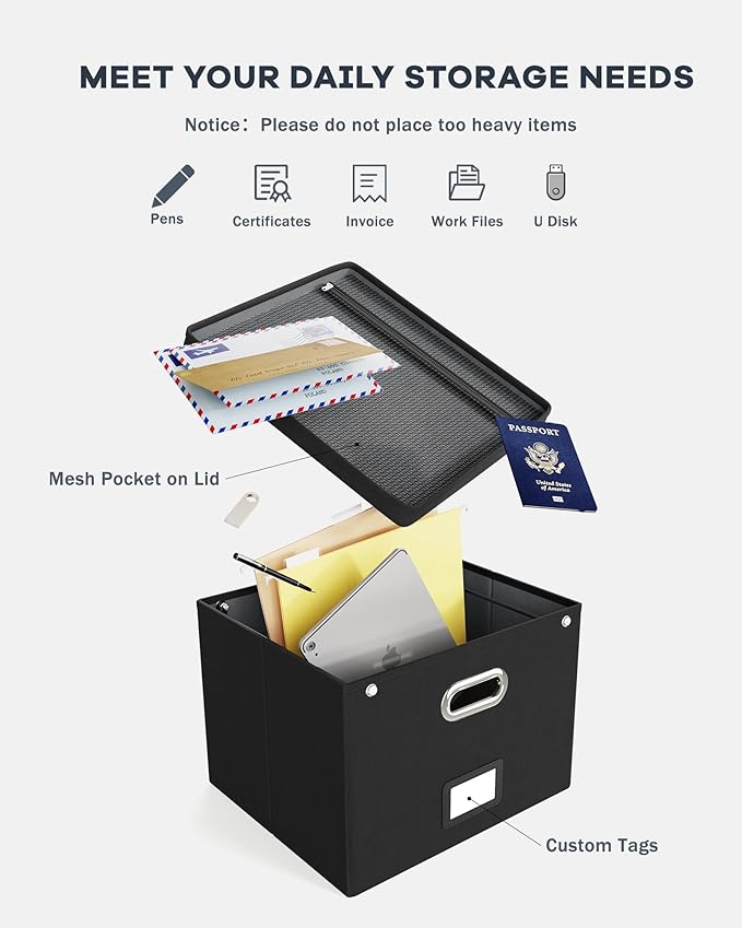 2 Pack File Organizer Box with Lid, Large Hanging Filing Box with Mesh Pocket, Document Organizer for Letter Files, Portable Storage Case for Office&Home (Black)-DeskLoop Office