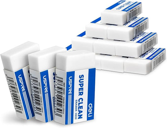 Deli Pencil Erasers, Pencil Eraser, 10 Pack, White Erasers, Erasers for Drawing, Kids, Artist, White, Large-DeskLoop Office