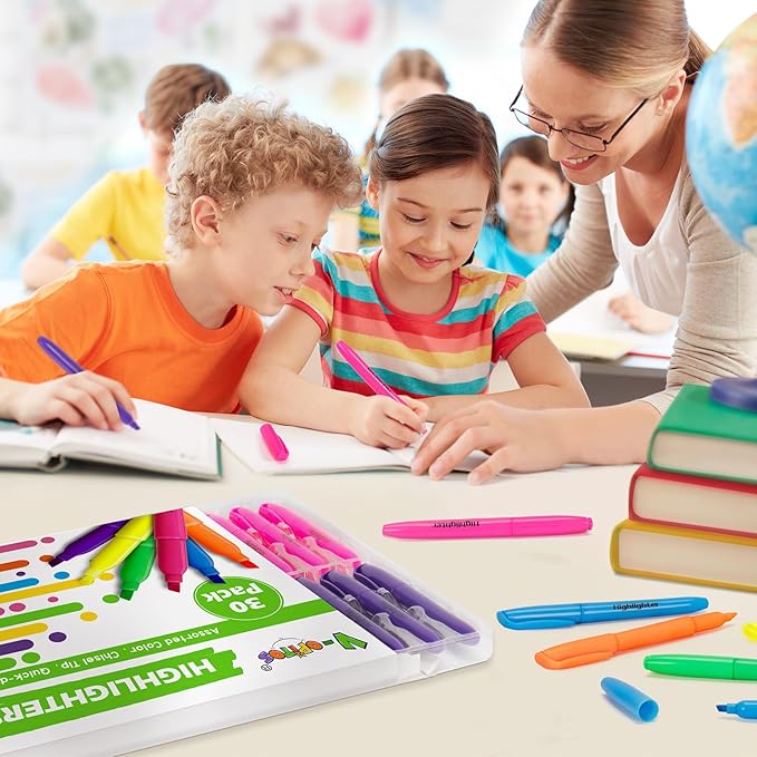 V-Opitos 30 Pack Highlighters in 6 Assorted Colors, No Bleed, Bright With Soft Chisel Tips, Ideal for Office and School Supplies-DeskLoop Office