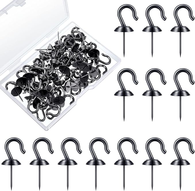 Hotop 60 Pieces Push Pin Wall Hooks Metal Thumb Tack Hangers Iron Alloy Nail Decorative Picture Hooks for 20 Lbs Home Office School Party Supply (Black)-DeskLoop Office