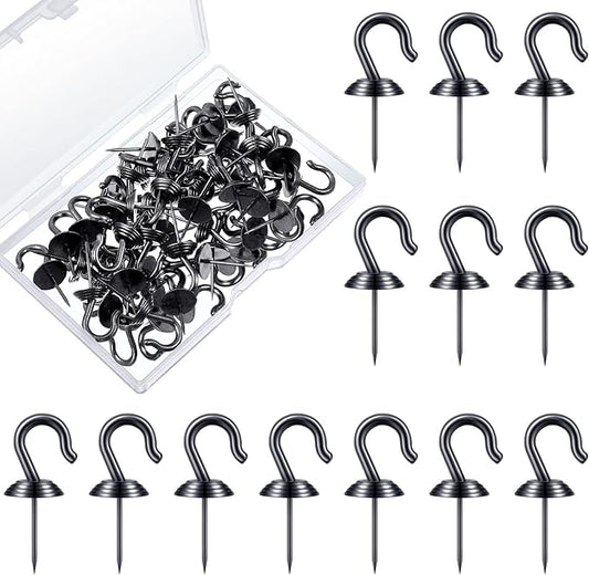 Hotop 60 Pieces Push Pin Wall Hooks Metal Thumb Tack Hangers Iron Alloy Nail Decorative Picture Hooks for 20 Lbs Home Office School Party Supply (Black)-DeskLoop Office