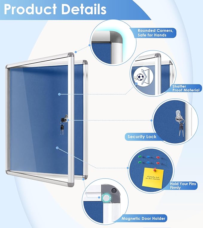 SWANCROWN Lockable Notice Board Tamperproof Enclosed Display Board for Home Office School,Wall-Mounted,Blue Fabric,26x20inch(4xA4)-DeskLoop Office