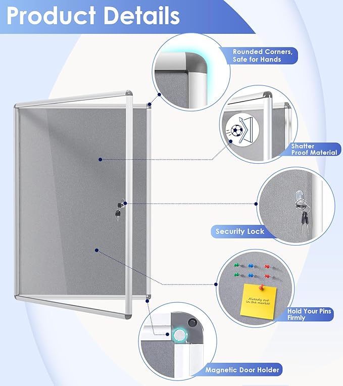 SWANCROWN Enclosed Bulletin Board 36x24 in, Tamperproof Lockable Grey Felt Board Wall Display Case for Office School Home, Aluminum Frame-DeskLoop Office