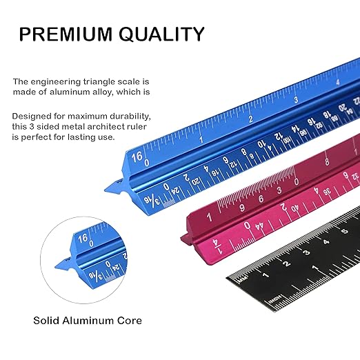 Set of 3 Aluminum Engineering Scale Metal Ruler Set, Architectural Scale Rulers 12 Inch and 6 Inch Triangle Ruler and 12 Inch Straight Edge Ruler Drafting Tools for Architects, Draftsman-DeskLoop Office