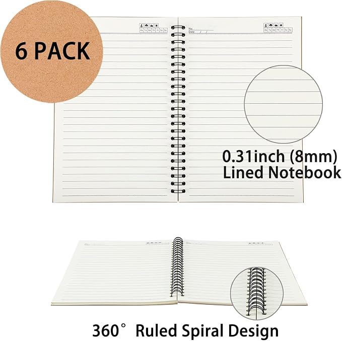 6 Pcs A5 Spiral Notebooks Journal with Kraft Cover, 5x8 Inches, Ruled Lined Paper, for Work, Sketches, Study, Notes Taking, Gifts, Brown (6 PCS(Lined))-DeskLoop Office