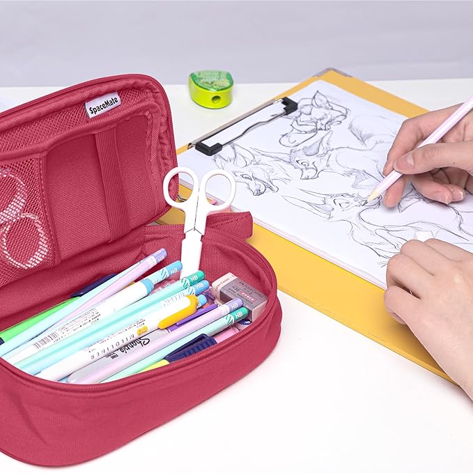 Pencil Case Pouch Box Bag School Supplies Girls Boys Kids, Cute Preppy Stuff Large Big Capacity Aesthetic Pen Organizer, Back to College Stationary, Dark Pink, Heavy Duty Canvas, 1800ml-DeskLoop Office