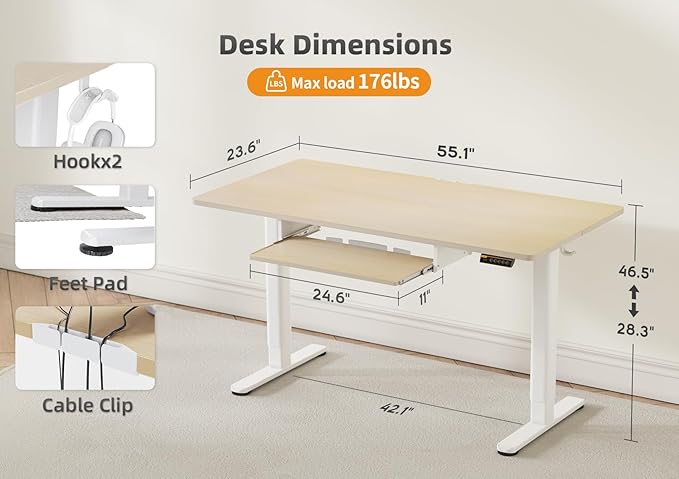 Claiks Standing Desk with Keyboard Tray, Electric Standing Desk Adjustable Height, 55x24 Inches Sit Stand up Desks with Splice Board, Raising Desks for Home Office, Natural-DeskLoop Office
