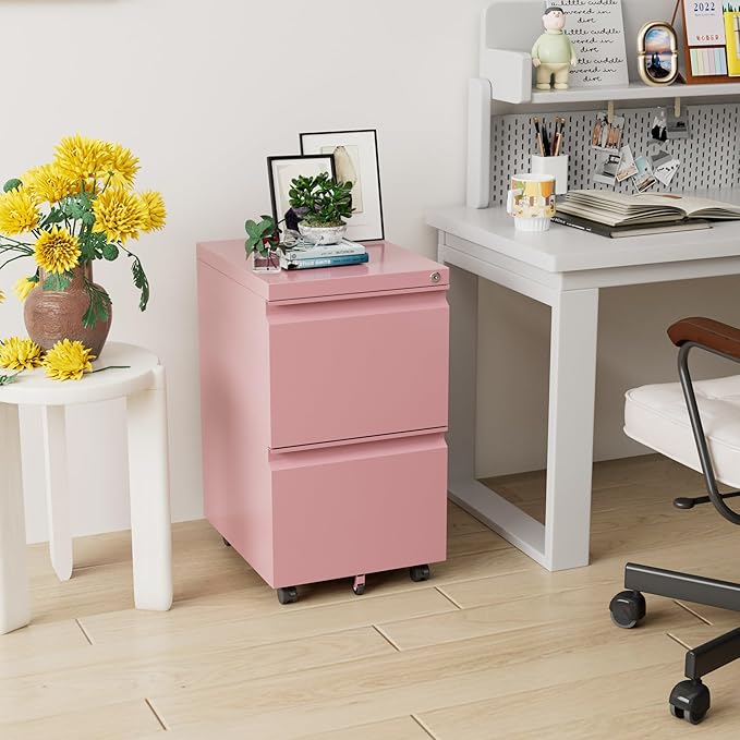 Aobabo Metal 2 Drawer Office File Cabinet with Lock, Under Desk Office Steel Files Cabinet on Wheels, 25.6''H Legal/Letter A4 Size, Fully Assembled Except Wheels,Pink-DeskLoop Office