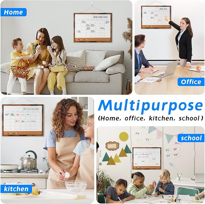 Dry Erase Calendar Whiteboard, 17" x 13" Magnetic Whiteboard Cork Board Combo, Reusable Monthly Planner with 8 Markers, Eraser, Magnets and Pushpins, Hanging Dry Erase Board for Home, School - Brown-DeskLoop Office