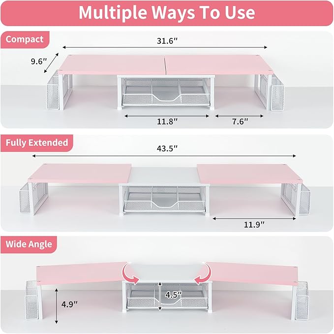 Desk Dual Monitor Stand Riser - Desk Organizer with Drawer and Pen Holders, Office Desk Accessories & Workspace Organization, Computer Monitor Stand for Laptop, Printer(Pink& White)-DeskLoop Office