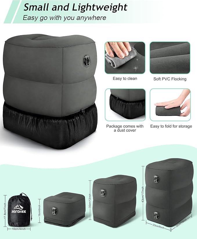 JefDiee Inflatable Travel Foot Rest Pillow, Kids Airplane Bed, Adjustable 3 Layers Height Leg Rest Pillow, Adults Travel Essentials Great for Airplane, Office, Home, Trains, Cars (Dark Grey)-DeskLoop Office