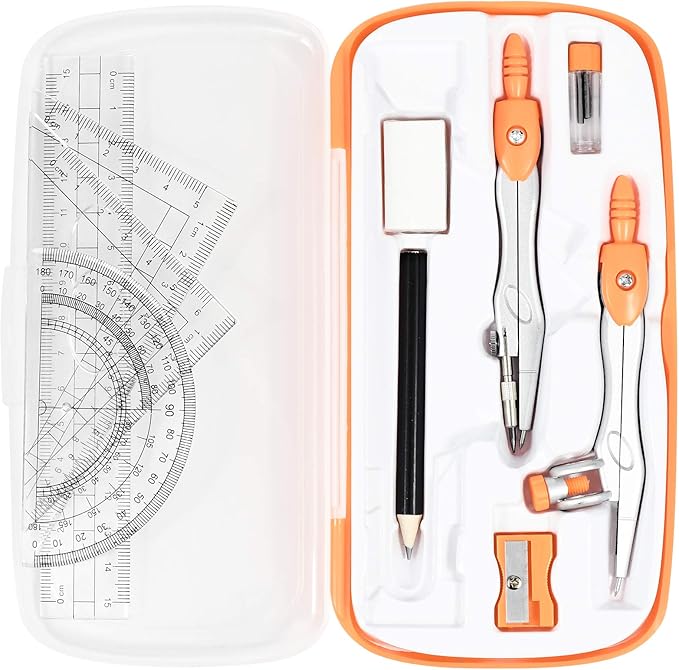 Math Geometry Kit Sets 10 Piece Student Supplies with Shatterproof Storage Box,Includes Rulers,Protractor,Compass,Eraser,Pencil Sharpener,Lead Refills,Pencil,for Drafting(Orange)-DeskLoop Office