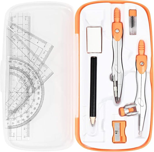 Math Geometry Kit Sets 10 Piece Student Supplies with Shatterproof Storage Box,Includes Rulers,Protractor,Compass,Eraser,Pencil Sharpener,Lead Refills,Pencil,for Drafting(Orange)-DeskLoop Office