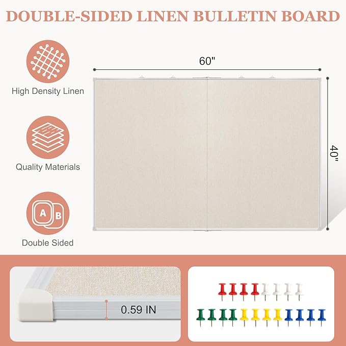 Double-Sided Large Cork Board with Linen, 60" x 40" Foldable Hanging Aluminum Framed Bulletin Board, Vision Board Pin Board Corkboards for Walls, Office, School Decor, 20 Pushpins-DeskLoop Office