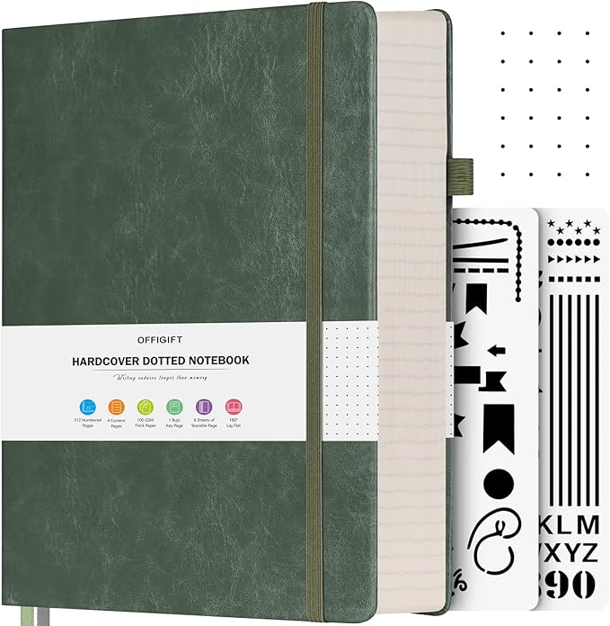 Dotted Journal Notebook, 312 Numbered Pages Large B5 Hardcover Leather Notebook, 100gsm No Bleed Paper Dot Grid Notebook with Index Pages, Dot Journal for Women Men, 7.6'' X 10'', Green-DeskLoop Office