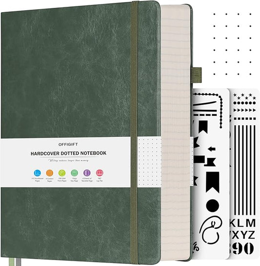 Dotted Journal Notebook, 312 Numbered Pages Large B5 Hardcover Leather Notebook, 100gsm No Bleed Paper Dot Grid Notebook with Index Pages, Dot Journal for Women Men, 7.6'' X 10'', Green-DeskLoop Office