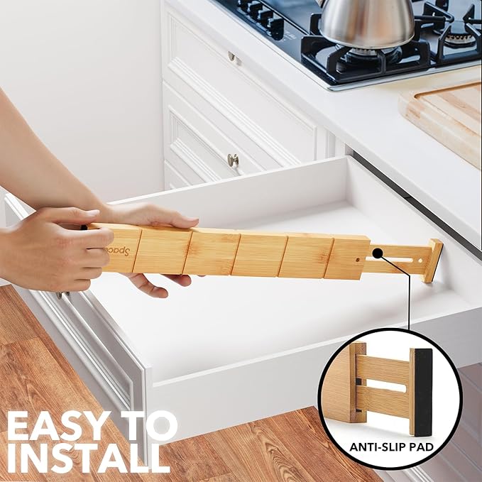 SpaceAid Bamboo Drawer Dividers with Inserts and Labels, Kitchen Adjustable Drawer Organizers, Expandable Organization for Home, Office, Dressers, 10 Dividers with 24 Inserts (17"-22" Natural)-DeskLoop Office