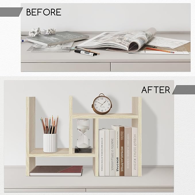 Jerry & Maggie Desktop Organizer Office Storage Rack Adjustable Wood Display Shelf Free Style Double H, Multi-Functional Mini Bookshelf for Desk Natural Stand (White Wood Tone)-DeskLoop Office