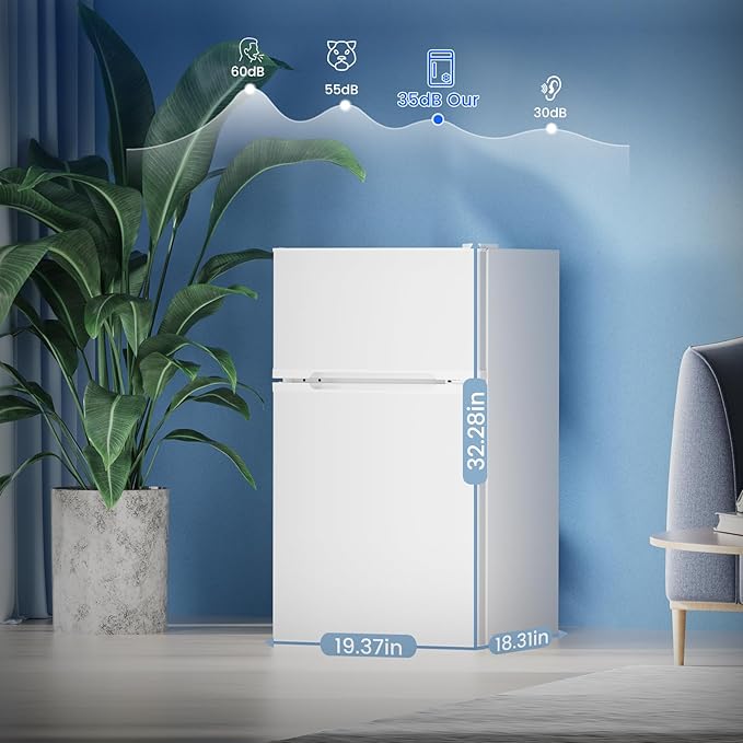 3.1 Cu.Ft Small Fridge with Freezer, Compact Refrigerator with 2 Doors, Mini Fridge with Adjustable Removable Glass Shelves for Bedroom, Dorm, Office or Apartment,White-DeskLoop Office