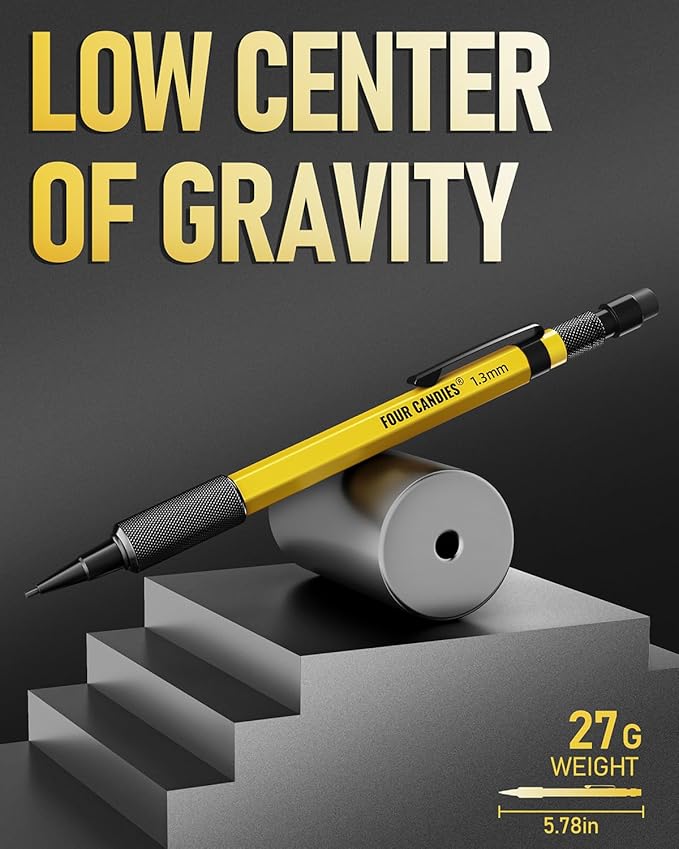 Four Candies 1.3mm Mechanical Pencil Set with 24 Lead Refills, Metal Weatherproof Heavy Duty Outdoor Carpenter Pencil, Eraser, 6 Eraser Refills for Architect Drafting Woodworking Marking with Case-DeskLoop Office