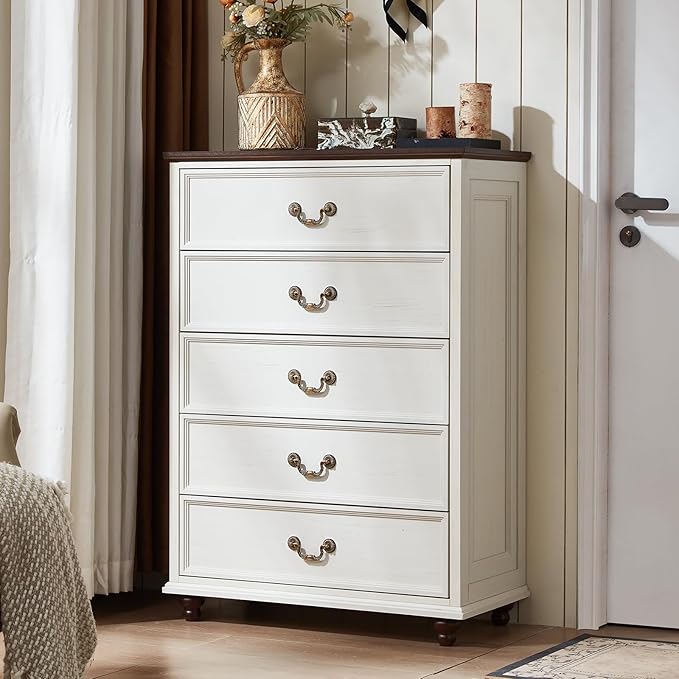 Farmhouse 5 Drawer Dresser for Bedroom, 45" Tall Rustic Chests of Drawers w/ 4 Solid Wood Feet, Mid Century Modern Wooden Closet Storage Dressers Organizer for Living Room, Hallway, White-DeskLoop Office