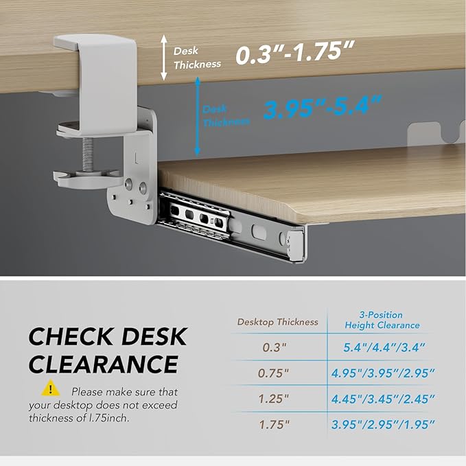 Keyboard Tray Under Desk Pull Out with Extra Sturdy C Clamp Mount System, 27.3 (32.5 inch Including Clamps) x 11 Inch Slide-Out Platform Computer Drawer for Typing Grain AX01WG01-DeskLoop Office