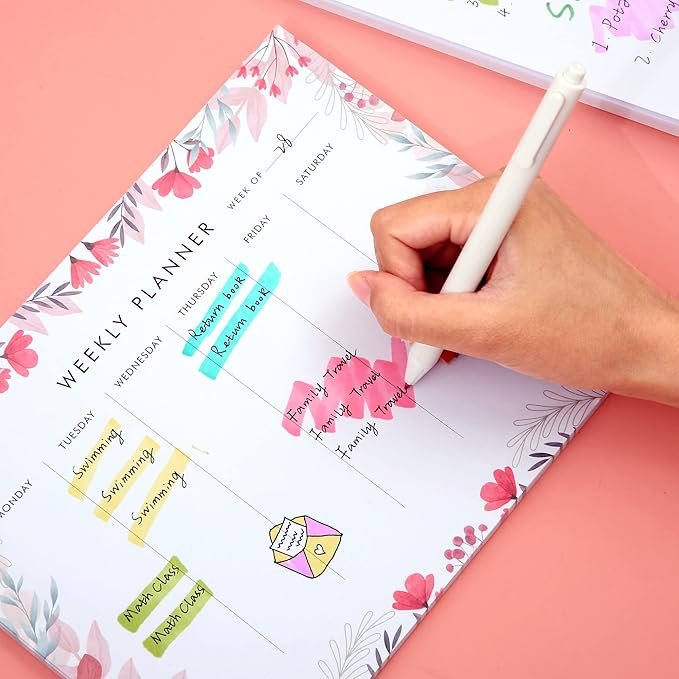 Weekly Planner Notepad Tear Off Set of 2 Weekly Calendar Pad 52 Undated To Do List Notepad Desk Planning Pads Productivity Tracker for Work School Home Goals Notes Schedule Ideas, Floral Pink-DeskLoop Office