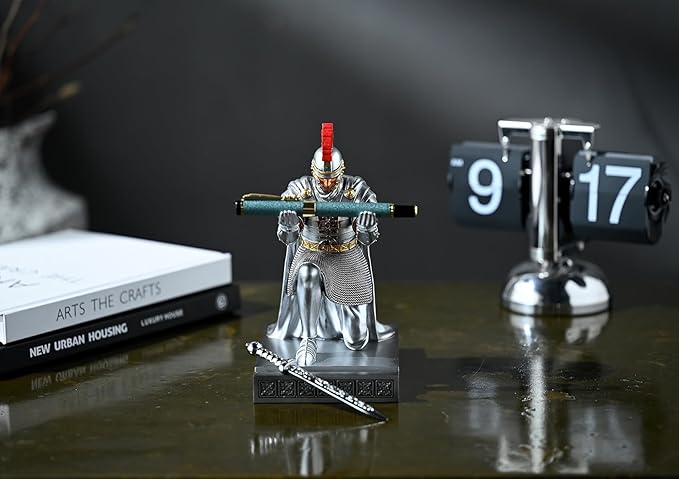 Roman Praetorian Prefect Warrior Knight Pen Holder Desk Ornament Resin Praetorian Guard Mobile Phone Stand Desk Accessories and Organizer For Office with a Letter Opener (Silver)-DeskLoop Office