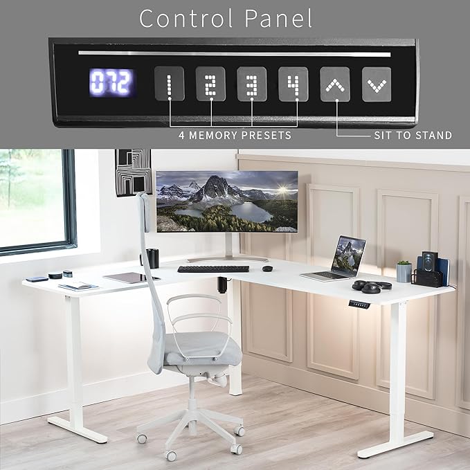 VIVO Electric Corner L-Shaped 75 x 63 in Rustic Standing Desk, Memory Height Adjustment, White Top White Frame, DESK-E3CTW-75-DeskLoop Office