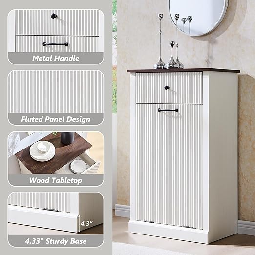 Modern Tilt-Out Trash Can Cabinet, 10 Gallon Fluted Laundry Hamper Cabinet with Drawers, Wooden Hidden Garbage Can Cabinets with Storage Basket, Free Standing for Kitchen and Living Room, White-DeskLoop Office