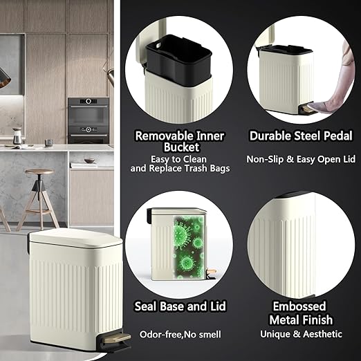 Small Bathroom Trash Can with Lid Soft Close-6L/1.6 Gal Slim Step Garbage Can-Metal Pedal Wastebasket-Narrow Rectangle Garbage Container Bin for Corner Office, Bedroom, Toilet, Live Room-Beige-DeskLoop Office
