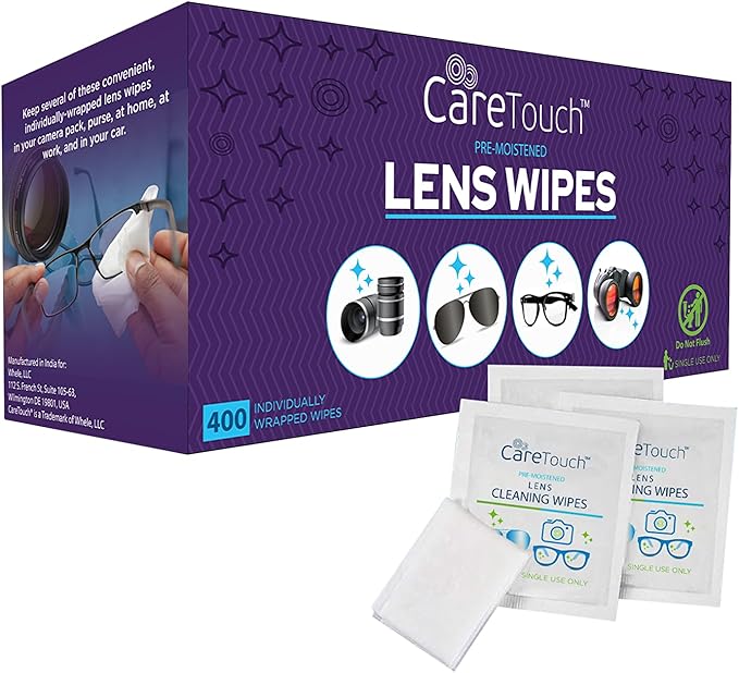 Care Touch Lens Wipes for Eyeglasses- 400 Count Individually Wrapped Pre- Moistened Wipes, 5 x 6 Inch- Camera Lens, Sunglasses and Glasses Cleaner,- Gentle and Portable for Cleaning of Optical Devices-DeskLoop Office