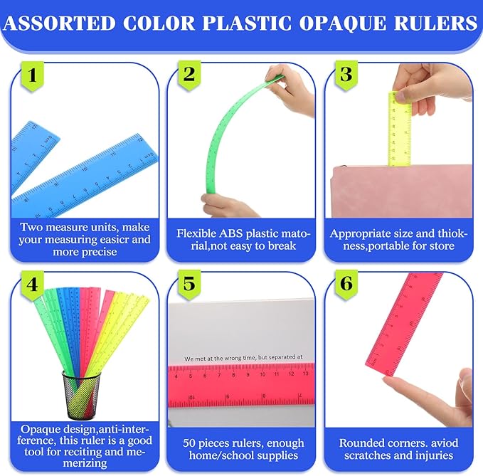 Zonon 50 Pcs 6 Inch/12 Inch Plastic Rulers Bulk Flexible Straight Rulers with Inches Centimeters First Day of School Gift Students Back to School Office Home Supplies(Colorful,12 Inch)-DeskLoop Office