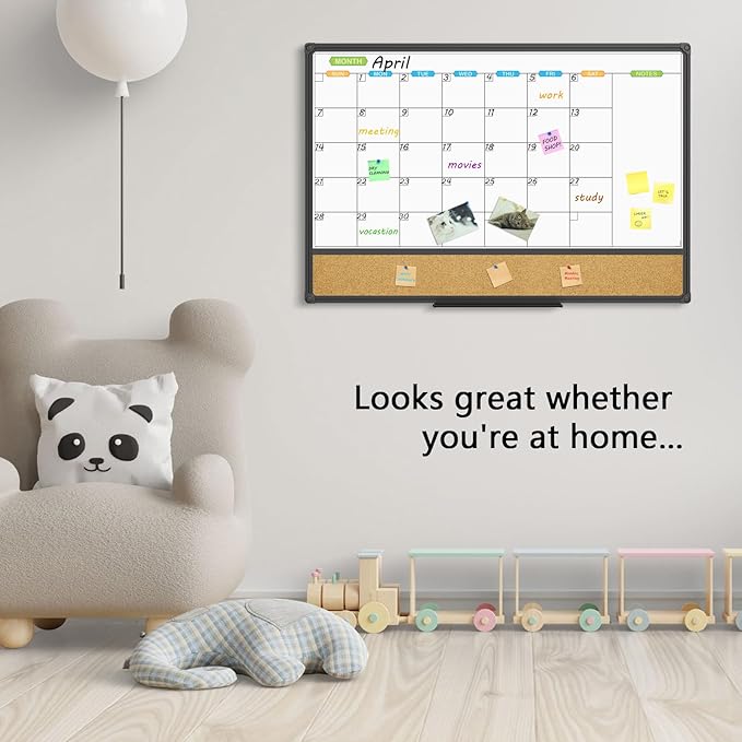 JILoffice Magnetic Calendar Whiteboard & Bulletin Corkboard Combination, Combo Board 36 x 24 Inch, Black Aluminum Frame Wall Mounted Board for Office Home and School with 10 Push Pins-DeskLoop Office