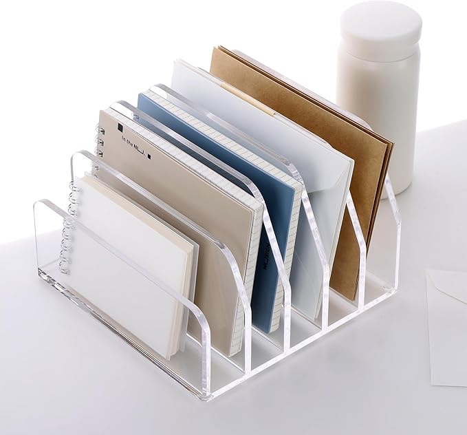 SANRUI Acrylic Desk File Organizer Holder for Desk, Clear Laddered 5 Upright Compartments Mail Sorters, Multifunction Desktop Envelope Folder Racks Document Holders for Office, Home, School-DeskLoop Office