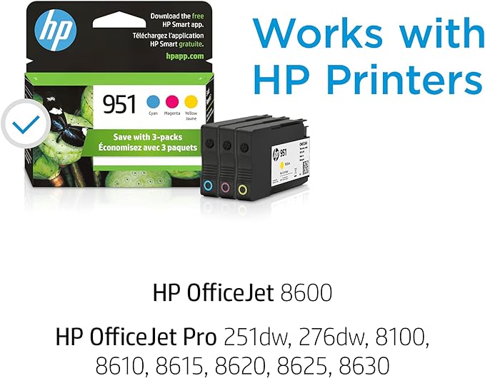 HP 951 Cyan, Magenta, Yellow Ink Cartridges (3 pack)| Works with HP OfficeJet 8600, HP OfficeJet Pro 251dw, 276dw, 8100, 8610, 8620, 8630 Series | Eligible for Instant Ink | CR314FN, Combo 3-Pack-DeskLoop Office
